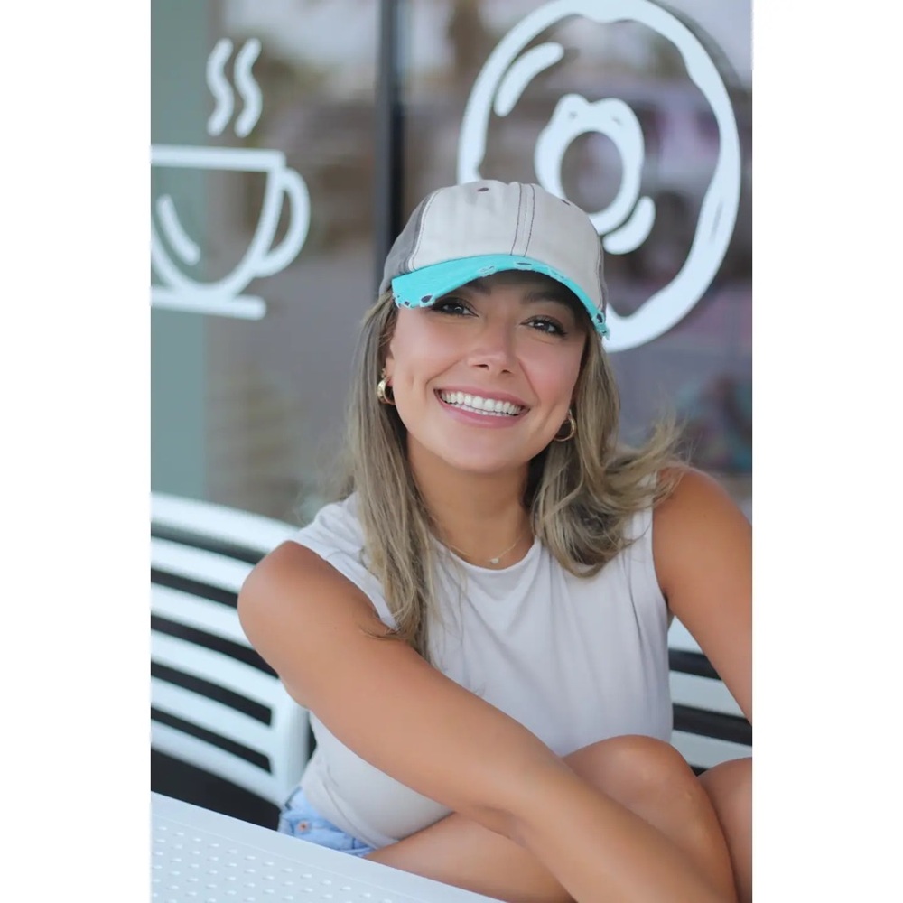 Ladies Beige, Brown and Turquoise Distressed Baseball Cap Hat - Picture 2 of 6